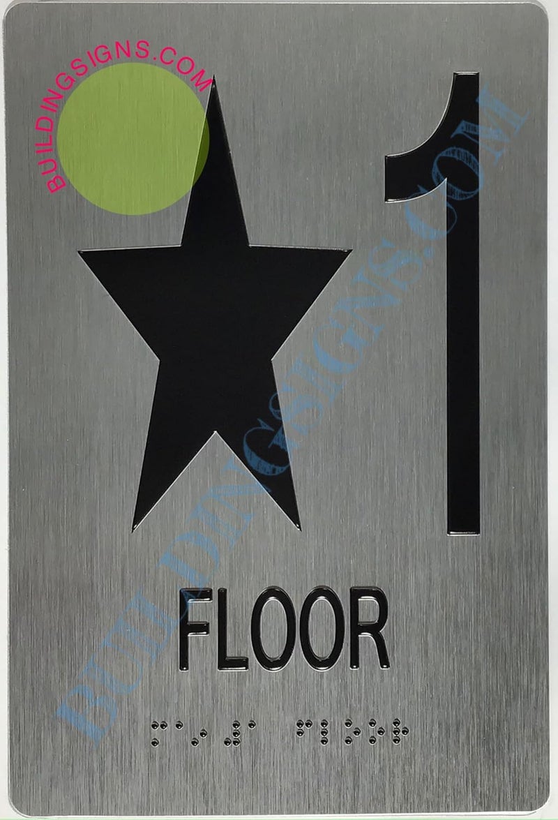 BUILDINGSIGNS.COM Floor Number Sign Tactile Graphics Grade 2 Braille Text With Raised Letters Aluminum, Safety Sign For Office, School Hospital,Brush Silver (Star 1 - Exit Floor 1 6X9) (Sensation Line) - Image 1